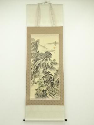 中国　仲白筆　山水図　肉筆絹本掛軸